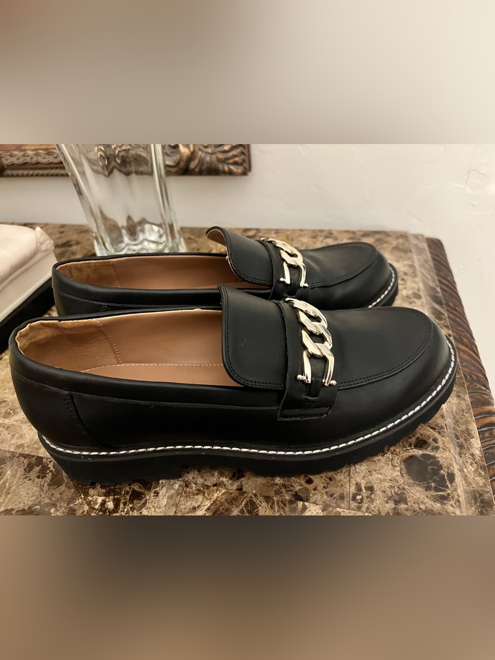 BCBGeneration Black Leather Loafers with Silver Chain Trim